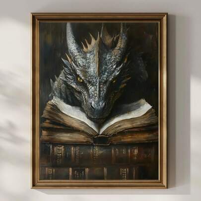 1件，书龙海报和印刷品，奇幻书迷墙饰，暗黑学院风墙面装饰，复古书虫礼物哑光海报，墙面装饰，不含画框