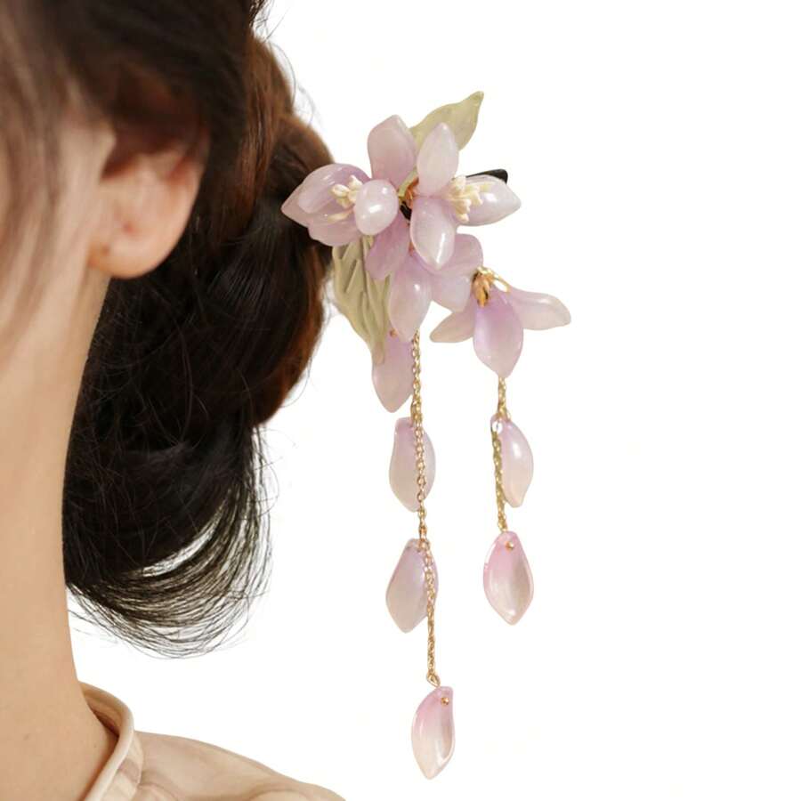 Retro Flower Wooden Hair Stick Chinese Style Tassel Hanfu Hairpin Sticks, Vintage Flower Tassel Clip, Hanfu Decorative Chinese Hair Accessories For Women Bride Bridesmaids - 粉色 - 查看 1