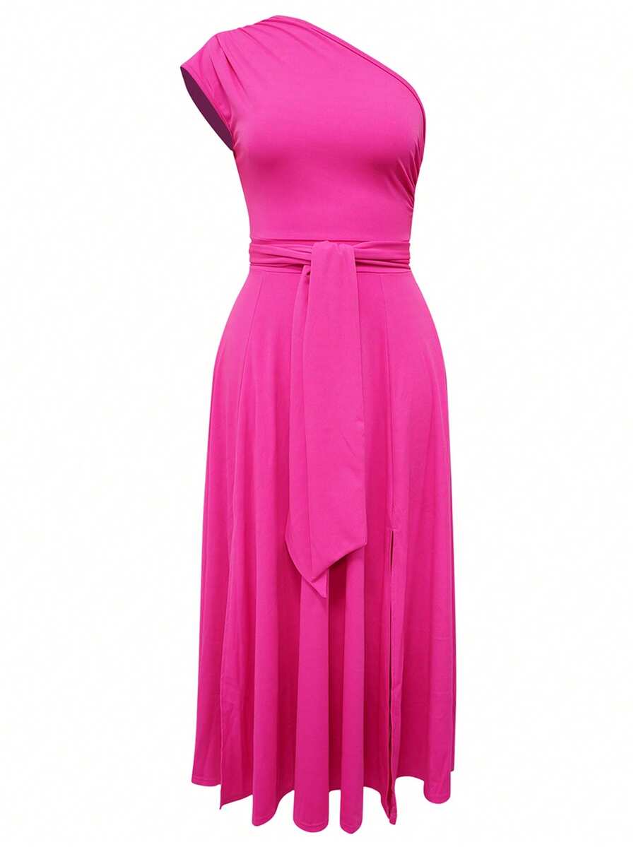 Plus Size Women's Solid Color Asymmetric Waist Twist Ruched Elegant Dress - Hot Pink - View 1