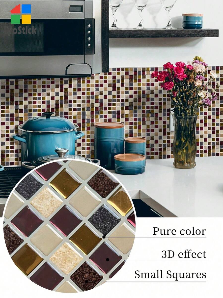 WoStick 10 Inch X 10 Inch Waterproof Textured Vinyl DIY Wallpaper, Self-Adhesive Backsplash Tile, Peel And Stick Mosaic Tile, For Home Decor