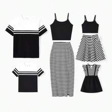 Matching Family Outfits – Striped T-Shirt For Men & Boy, Crop Top & Midi Skirt Co-Ord Set For Women & Girl, Flared Dresses For Baby Girl – Stylish Summer Family Coordinated Cotton Set - 黑與白 - 查看 1