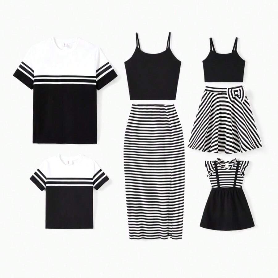 Matching Family Outfits – Striped T-Shirt For Men & Boy, Crop Top & Midi Skirt Co-Ord Set For Women & Girl, Flared Dresses For Baby Girl – Stylish Summer Family Coordinated Cotton Set - 黑與白 - 查看 1