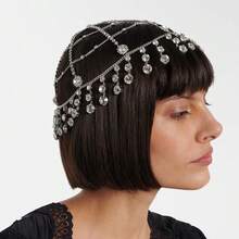 1 pieza Nueva cadena para el cabello con borlas, diadema con cristales de temperamento para baile y actuación, accesorio para el cabello femenino - Plateado - Ver 6