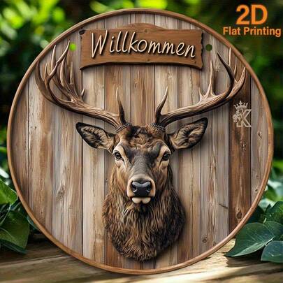1 pieza Decoración de pared plana 2D de cabeza de ciervo rústica de 8 x 8 pulgadas - Letrero de madera falsa redondo con texto "Bienvenido" en inglés y alemán y textura de cuernos de ciervo, adecuado para cabina, arte de pared de cafetería - Decoración del hogar de bosque natural (incluye accesorios de instalación fácil), 2D plano, agujeros previamente perforados como se muestra en el cuadro de tamaños