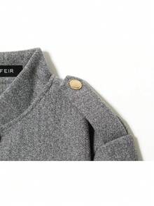 SHIBASHAN 女士复古单排扣灰色长袖外套，带口袋，秋季休闲OL外套 - 灰色 - 查看 5