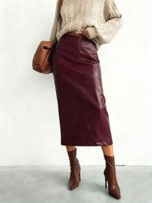 Women's PU Leather Skirt, Fashionable Commuter Zipper Slit French Elegant Fitted Maxi Skirt