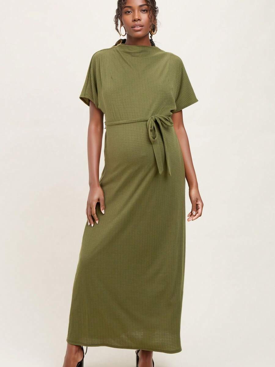Maternity Elegant Casual Solid Color Knit Fabric Belt Short Sleeve Formal Evening Dress, Spring/Summer - Army Green - View 1