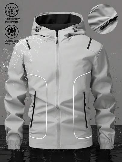 男士连帽长袖拉链夹克，饰有反光条纹，时尚美观，精致的拉链设计，适合运动或休闲穿着。