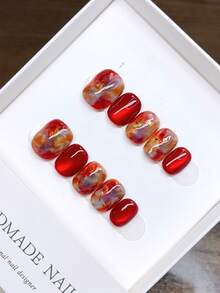 纯手工制作可佩戴美甲贴片，短款方形/圆形；手绘油画渐变红色新年个性化秋冬美甲贴片，气质简约设计，按压式美甲贴片，美甲用品 - 彩色 - 查看 12