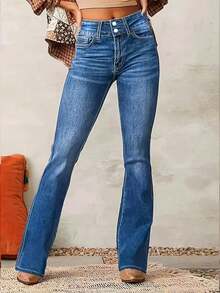 Women's Elastic Denim Jeans With Double Button Design, & Versatile Flared Leg - Medium Wash - View 3