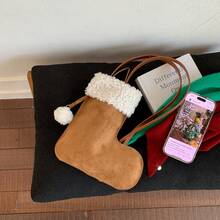 1 Peça Bolsa de Ombro Aberto com Patch de Pelúcia e Falso Camurça com Design de Bota para Meninas, Bolsa Transversal Adequada para Outono/Inverno, Festa de Natal