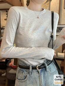 2pcs Women Solid Color Long Sleeve T-Shirt, Autumn/Winter, Versatile Slim Fit Undershirt Casual Spring - Black + Heather Gray - View 2