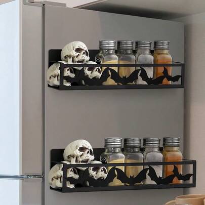 HAWT 2 Pack Bat Magnetic Spice Rack For Refrigerator Metal Magnet Basket Shelf For Fridge Seasoning Storage Organizers Home Decor Kitchen Accessories Black