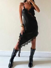 Women's Satin Lace Slip Dress - Spaghetti Strap Deep V Neck Asymmetrical Hem Midi Dress For Party Going Out - 黑色 - 查看 1