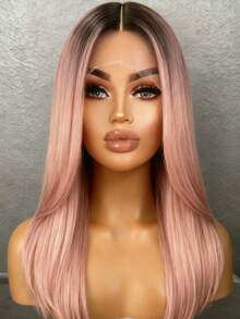 13x4x1 HD Ombre Pink Colored Silk Straight Wig Human Hair With Dark Roots 250 Density Lace Clousre Wigs Human Hair Pre Plucked With Baby Hair Pink Straight Tpart Lace Wigs Human Hair Brazilian Remy Wig For Women Natural Hairline - 根根分明與漸層 - 查看 6