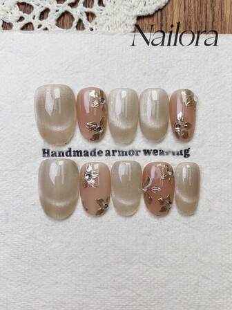 10 st handgjorda naglar ovala naglar akryl press-on naglar korta naglar, mjuka rosa naglar, flashiga cateye naglar, handmålade guld metallic blomma körsbärsblomma, nagelberlocker diamantinläggning, enkla eleganta lyxiga höstnaglar, höstpress-on naglar, mångsidiga naglar gör-det-själv lösnagelkonst fest dagligen och dejting användning strand tropisk semester lämplig återanvändbar, för kvinnor och flickor som present nageltillbehör