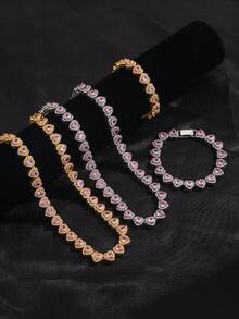 时尚优雅闪亮粉色心形项链手链套装，适合女士参加派对、日常佩戴、音乐节、情人节、节日礼物等场合。 - 時尚粉紅愛心項鍊 - 查看 4