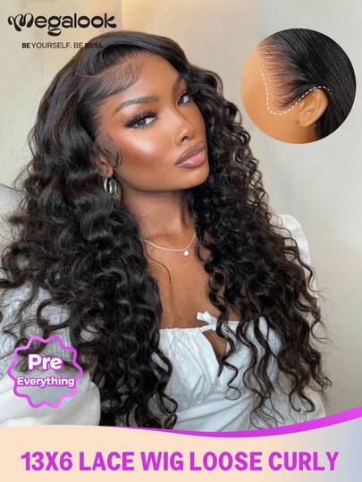 MEGALOOK 13x6 Three-Go™ Glueless Wigs Loose Curly With Drawstring 100% Human Hair Pre-Cut Lace Ear-To-Ear Lace Front Wig Pull & Go Transaprent Lace Pre Plucked Natural Hairline No Glue Needed Minimal Shedding Undetectable Lace Wig - Bridal Wedding Christmas Party Vacation Ready Red Carpet Back To School Date Night Executive Work Appropriate Wig For Women