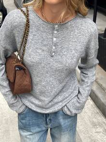 Women's Fall Back To School Polo Collar Pullover Casual Knitwear, Old Money Style Long-Sleeve Female Top - Grey - View 1