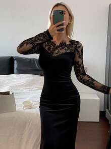 Livesso 女士蕾丝拼接美人鱼中长连衣裙，秋季长袖连衣裙 - 黑色 - 查看 3