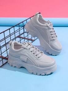 女士厚底透气白色运动鞋，时尚百搭休闲运动鞋，学生白色厚底鞋，女士黑色系带防水真皮大码鞋