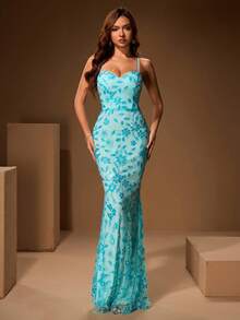 Vestido elegante y sexy para damas con lentejuelas, cuentas bordadas, vestido largo sin espalda adecuado para fiestas de moda, bodas y cenas - Azul - Ver 3