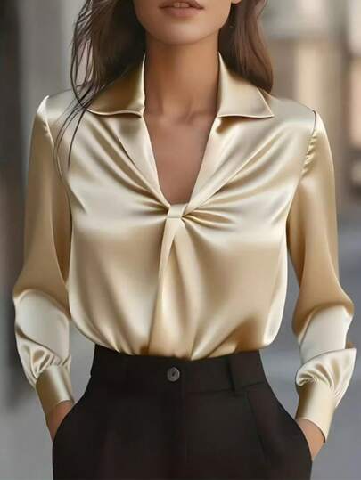 1pc Women's Elegant Solid Color Satin Twist Knot Long Sleeve Blouse, Suitable For Office, Home, Daily Wear, And Vacation, All Seasons
