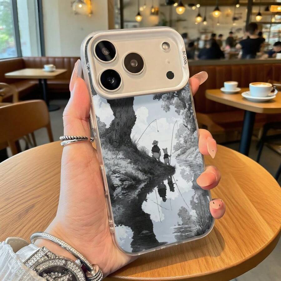 Funda para teléfono con impresión de paisaje de pesca en gris, negro y blanco para 14 Pro Max, 13 Pro, Galaxy S23, S22 Plus, ajuste universal para todas las estaciones, opción de regalo ideal - Plateado - Ver 1