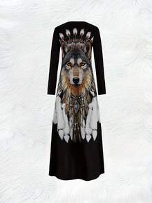 Women'S Wolf Head & Headdress  Print Maxi Dress - Elegant Wolf Face & Design With American-Inspired  Art, Round Neck Long Sleeve A-Line Dress For Spring/Fall, Casual To Formal Events, Spring Fashion, Fall Outfit, Fashion Lovers - 星星 - 查看 3