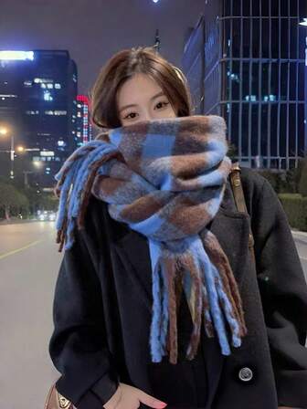 1件情人节派对礼物，冬季羊绒加厚格子围巾，男女通用，奢华长款柔软保暖加厚披肩，秋季户外礼物，时尚节日街头风