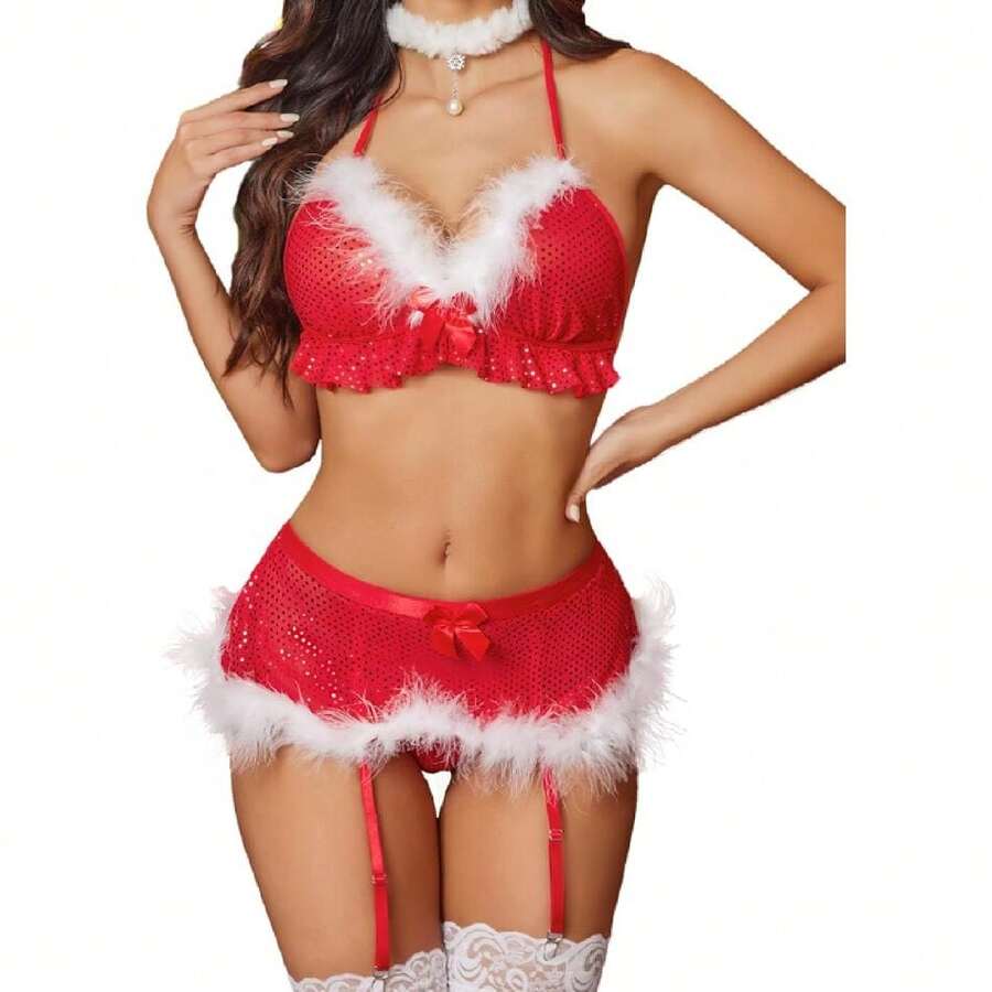 Women Christmas Lingerie Set With Garter Belts Mrs Santa Claus Doll Lingerie 3 Piece (No Stockings) S-XXL,31374405 - 紅色 - 查看 1