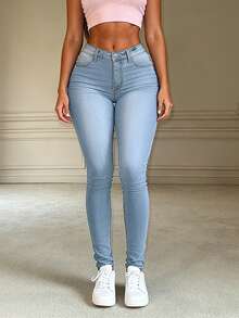 春季新款基础款休闲紧身裤简约时尚休闲日常百搭弹力牛仔裤女 - 淺色水洗藍 - 查看 2