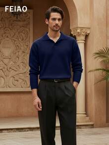 Áo sơ mi nam tay dài cổ polo màu trơn, kiểu dáng cổ điển retro, phù hợp cho mọi mùa, mùa thu. - Xanh đậm - Xem 3