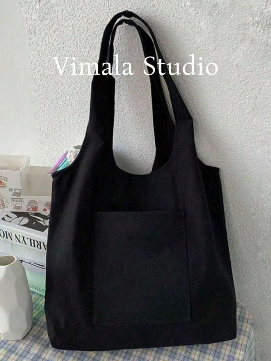 Women Simple Canvas Tote Bag, Open-Top Canvas Shoulder Bag, Handbag, Simple Briefcase Bag For Elementary/High School/College Students, Document Holder, Travel Bag - Black - View 1