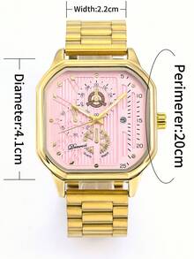 Pink Dial Gold Steel Band Square Quartz Watch, Multifunctional Fashion Wristwatch For Men And Women - one-size - View 8
