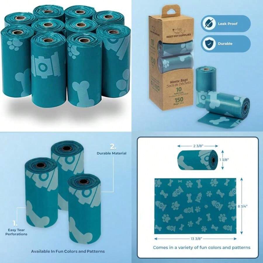 Best Pet Supplies, . Best Pet Supplies Bolsas para excrementos de perro, resistentes a desgarros y bolsas de basura para perros con tecnología de plástico de vida controlada d2w, paquete de 240, azul (sin aroma)(Turquesa 150 Bags) - Multicolor - Ver 1