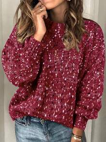 女士休闲撞色圆领长喇叭袖毛衣上衣，锚红色，秋冬款