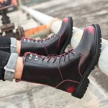 Shiny Soft Leather Non Abrasive High Top Leather Riding Boots, Thick Soled Height Increasing Boots For Men, Red Border Contrasting Motorcycle Boots, A Must-Have For Men In Autumn And Winter, High-Quality And Comfortable Men's Boots, Outdoor Large Size 38-48 Men's Casual Shoes(Asymmetric Pattern) - Apply Red - View 5