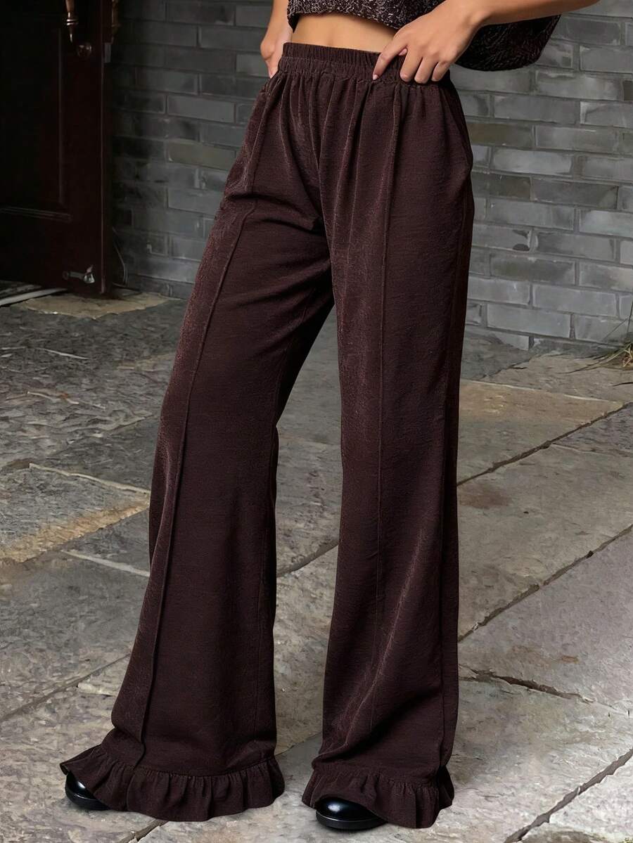 Livesso Pantalones largos de mujer con cintura elástica, parches de terciopelo y dobladillo floral - Café integral - Ver 1