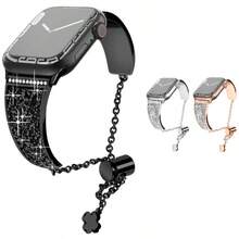 1条女士奢华黑色镶钻合金表带，兼容 49mm、46mm、45mm、44mm、42mm、41mm、40mm、38mm，时尚表带配件，兼容 Series 11、SE3、10、9、8、7、6、5、4、3、2、1、Ultra 3/2/1，优雅亮面现代表带，兼容，适合派对、旅行、日常佩戴的时尚腕带替换装，智能手表表带，送给朋友、家人或女士的礼物，时尚女士表带配件