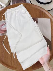 女士夏季新款纯色亚麻混纺直筒宽松弹力腰抽绳口袋休闲裤 白色春季 - 白色 - 查看 5