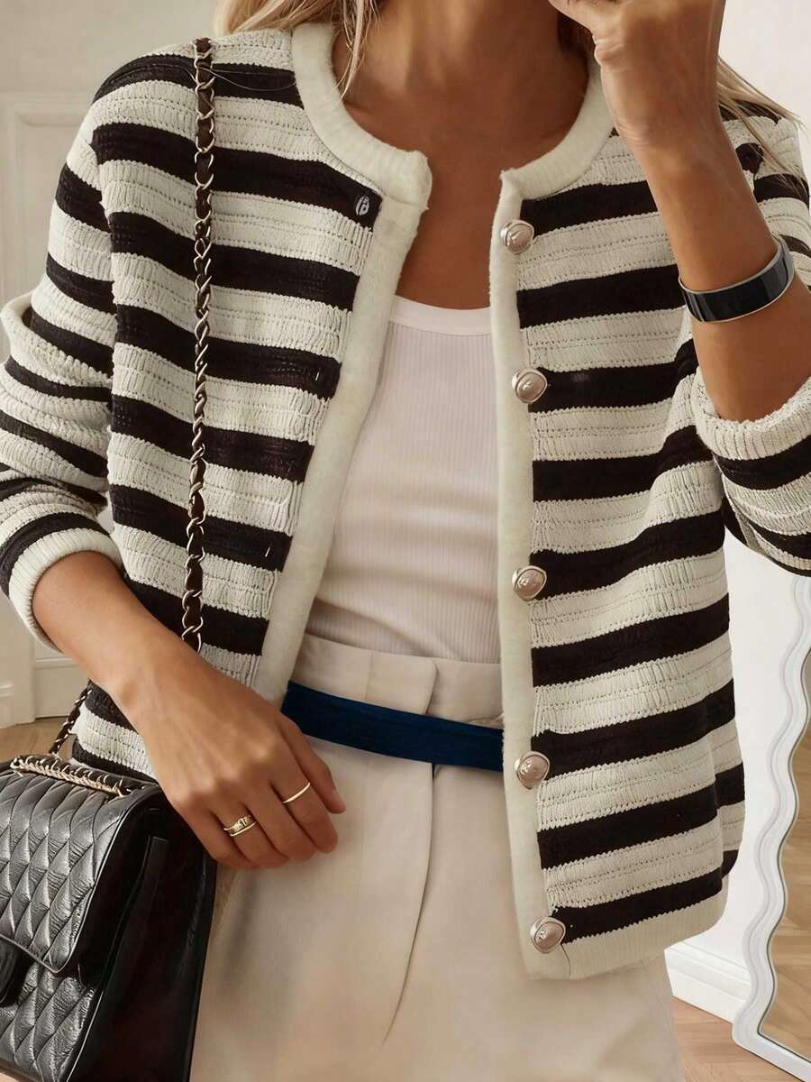 Nuevo Llegado - Elegante cárdigan de punto con cuello redondo, manga larga, botones en blanco y negro y contraste de color para mujer, Parte superior de manga larga - Blanco y Negro - Ver 1