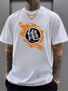 PLUS SIZE Dragonball Symbol Anime Tee , Men's Double-Sided Printed Fashionable Casual Crew Neck 220gsm Pure Cotton T-Shirt(1 PC) - 白色 - 查看 1