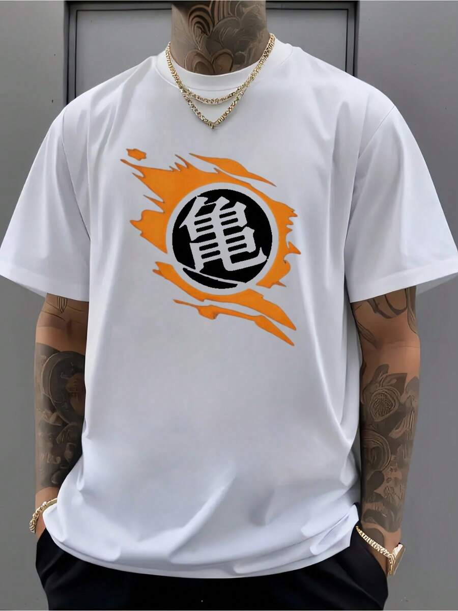 PLUS SIZE Dragonball Symbol Anime Tee , Men's Double-Sided Printed Fashionable Casual Crew Neck 220gsm Pure Cotton T-Shirt(1 PC) - 白色 - 查看 1