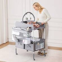 Baby Changing Table, Foldable Diaper Change Station With 2 Fabric Drawers, Side Basket & Hanging Rod, Adjustable Height Portable Changing Table With Lockable Wheels & 2 Star Toys, Light Gray - 2 Fabric Drawers Light Grey - View 9