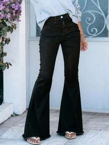 Women's Vintage Stretchy Flared Jeans,Ladies Casual Button,Pocket,Raw Hem,Ripped,Zipper High Waist Flare Leg Extra Long Black Curvy Regular Fit Women Jeans,Spring/Fall,Casual Daily Wear - Black - View 5