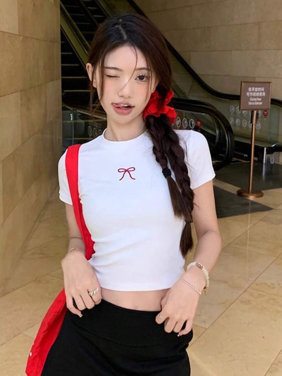 Round Neck Short Sleeve T-Shirt American Hot Girl Style, Summer New Bow Pattern, Slim Fit Cropped Women's Top - White - View 1