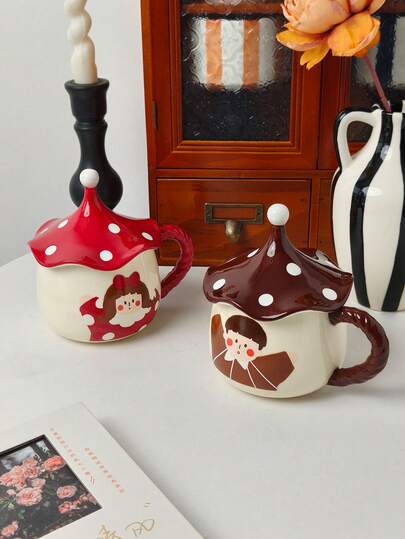 1pc Red-Brown Mushroom Character Ceramic Mug With Lid, Whimsical Ceramic Mug With Lid, Mug Body With 3D Mushroom Lid And Cartoon Details, Suitable For Hot Drinks And Cereal, Ideal For Children's Home Decor And Birthday Gifts