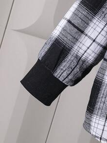 Young Boy Casual Plaid Print Patchwork Button Hooded Shirt And Sweatpants Set