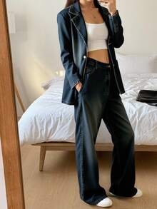 DAZY Women's Autumn Lapel Jacket And Loose Fit Jeans Set - Blue - View 5